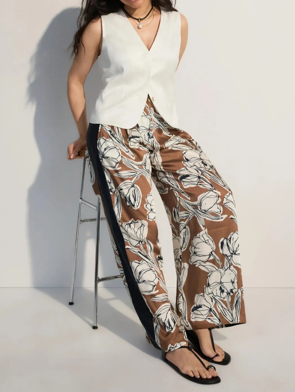 Tanya Taylor Brown and Cream Jodi Floral Wide-Leg Printed Pants Women Size 10